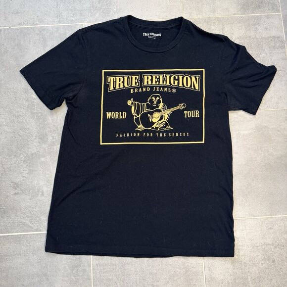 True Religion Buddha Graphic Logo Black Gold T-Shirt Adult MEDIUM EUC - Picture 1 of 8
